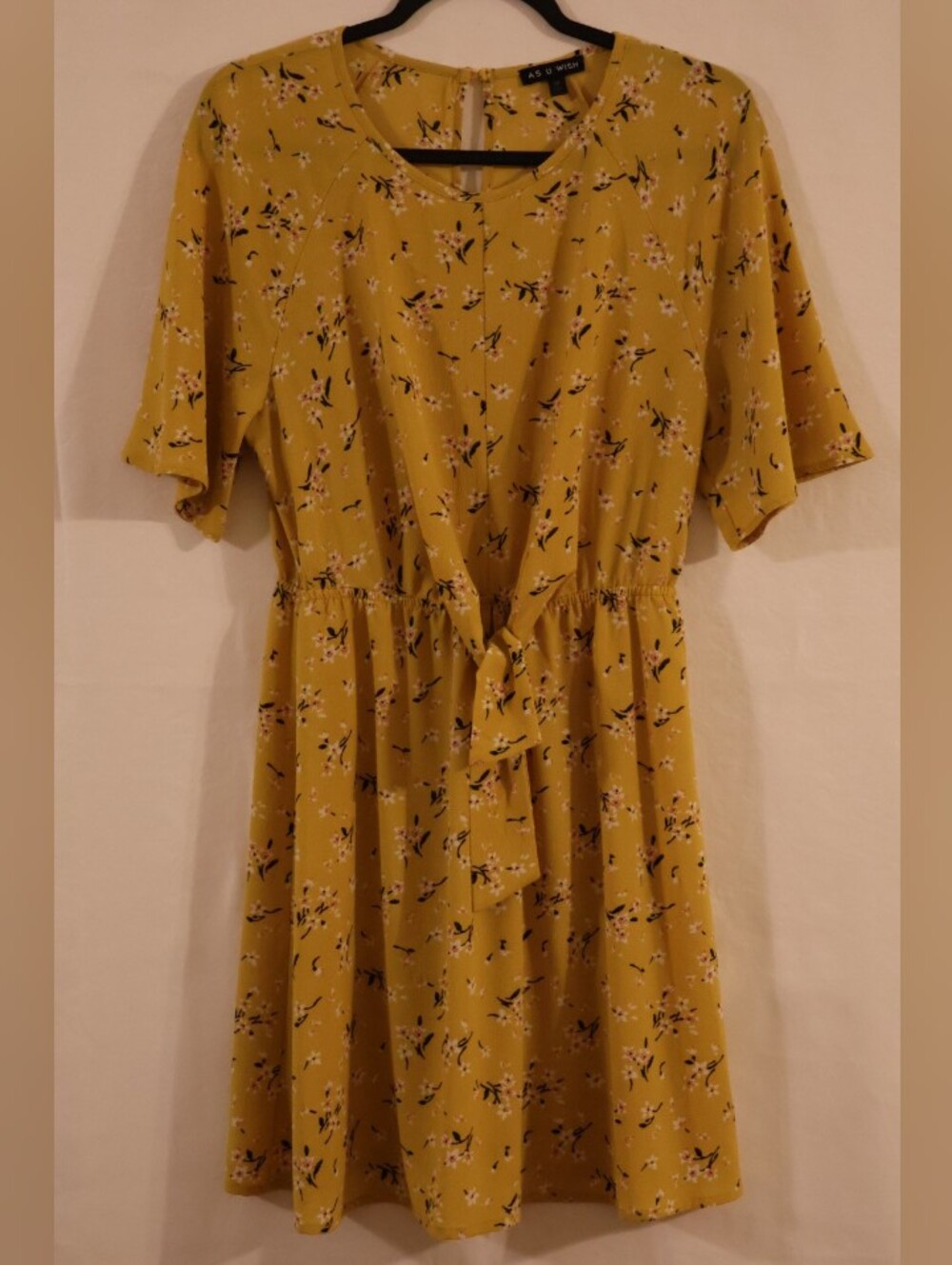 AS U WISH Mustard Floral Tie-Waist Dress.